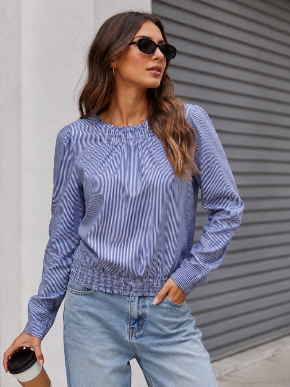 Zara Blue & White Striped Long Sleeve Preppy Coastal Button Back Blouse Size S